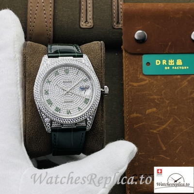 Swiss Rolex Datejust Replica Black Leather strap 40MM Diamonds Dial Green