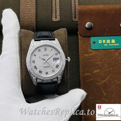 Swiss Rolex Datejust Replica Black Leather strap 40MM Diamonds Dial