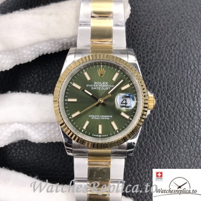 Swiss Rolex Datejust Replica Stainless steel strap 36MM Yellow Gold Green Dial Sticks Marks