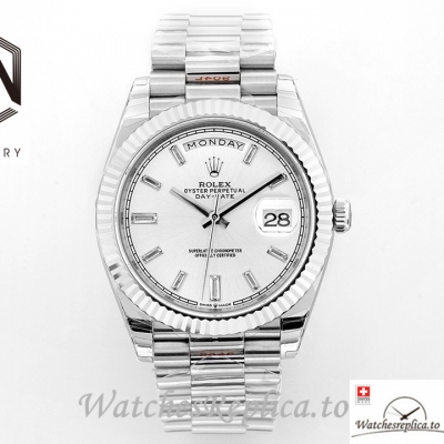 Swiss Rolex Day Date Replica Stainless steel strap 40MM White Dial Diamonds Marks