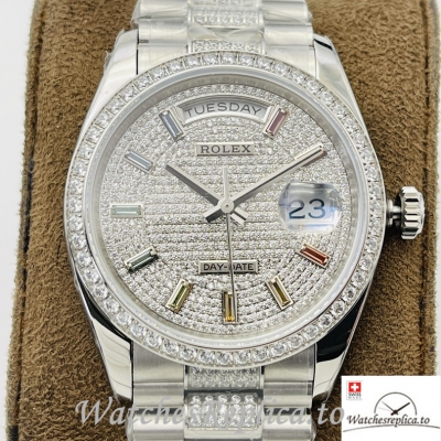 Swiss Rolex Day Date Replica Stainless steel and Diamonds strap 36MM Diamonds Dial